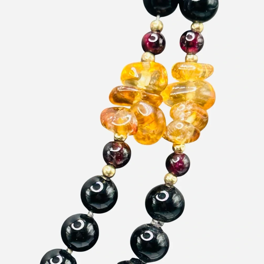 Vintage Black Onyx Citrine Garnet and 14K Gold Bead Long Necklace